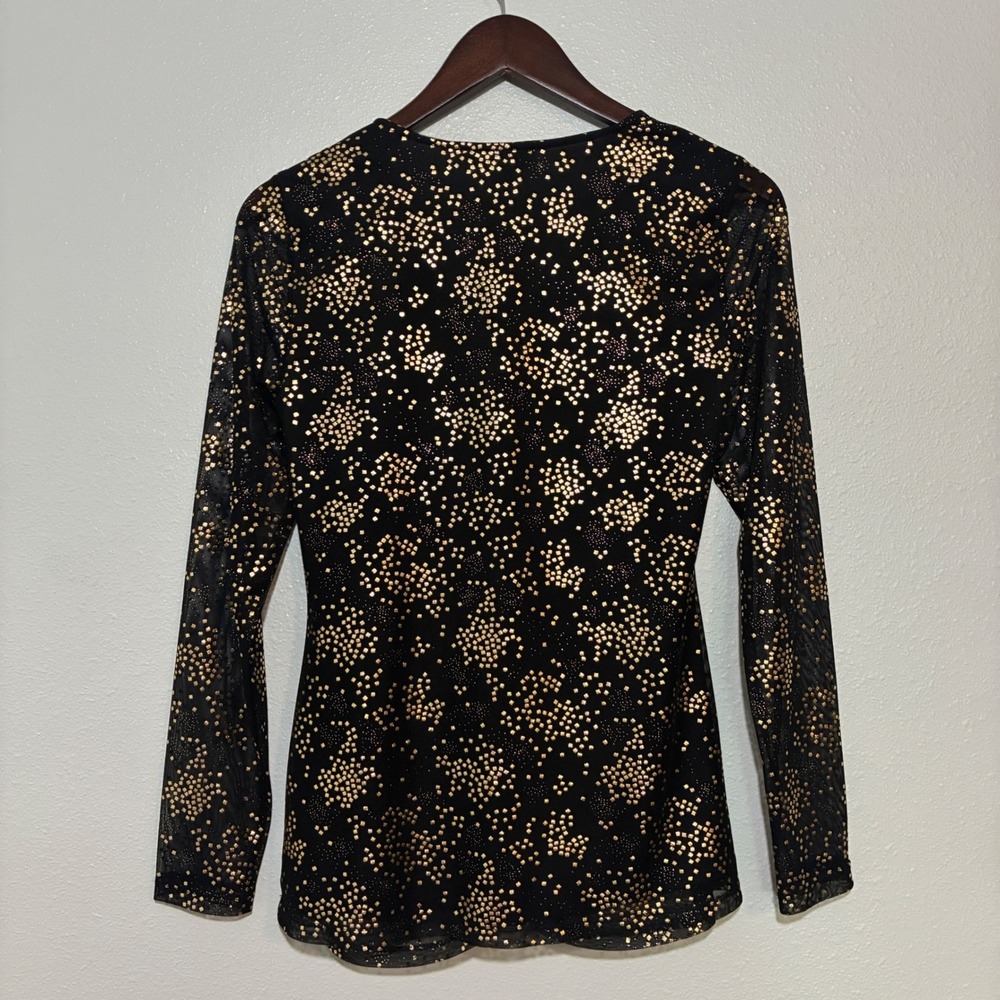 NWT Nine West Womens Black Gold Foil Ruched V-Neck Mesh Long Sleeve Knit Top S